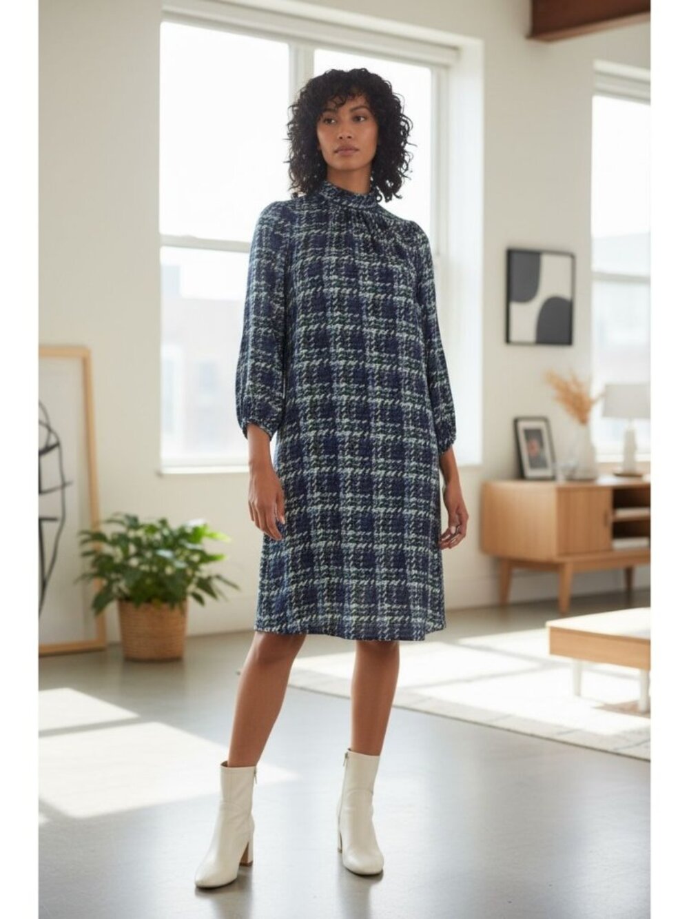 Misook Women's Long-Sleeve Printed Dress Size L Blue/Green Plaid Lightweight Fab
